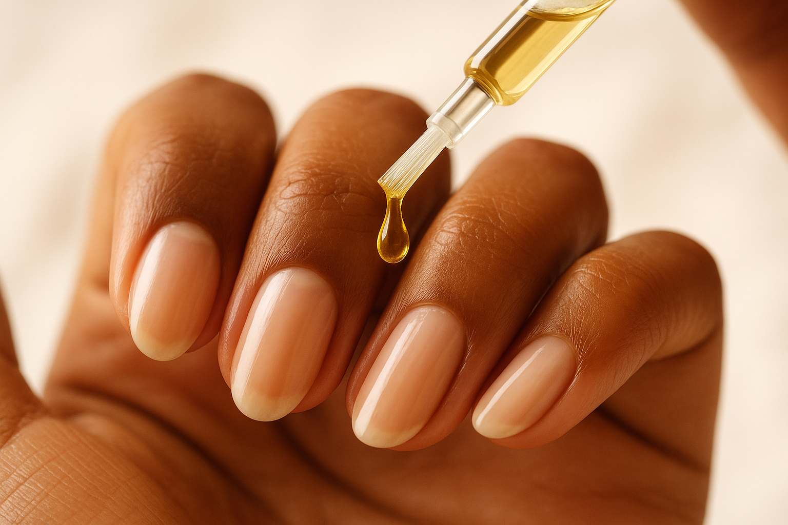 Cuticle oil drip on brown hands